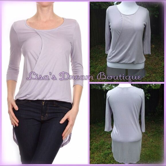 Lilac Purple Light Lavender Surplice High Low 3/4 Sleeve Lightweight Top - Picture 1 of 4
